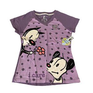 Mutts Organic Women's Earth Friendly V-Neck T-Shirt Cat & Dog Purple, Size S NWT